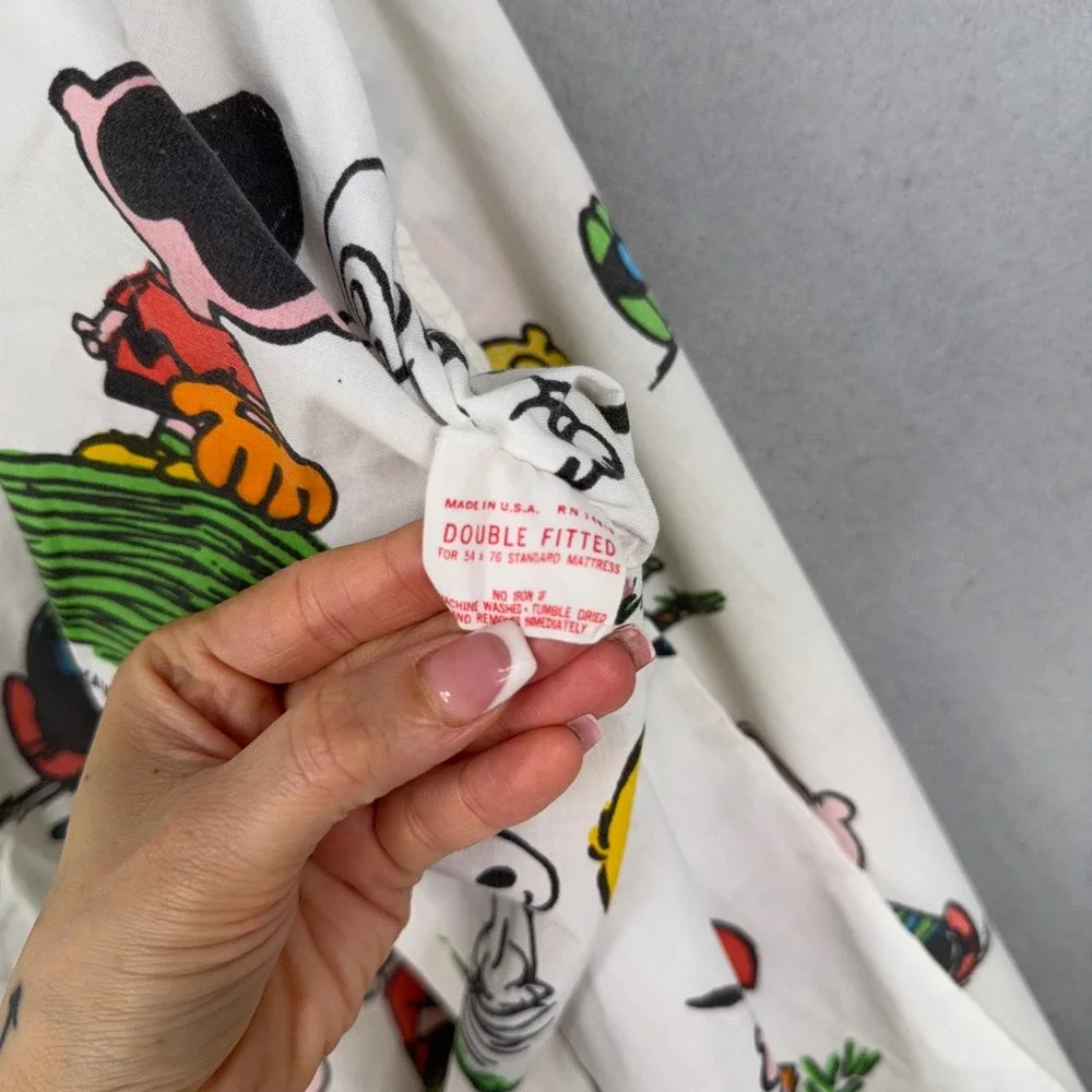 Peanuts Fitted Sheet Double White Snoopy Charlie Brown 1971 Vintage Bedding
